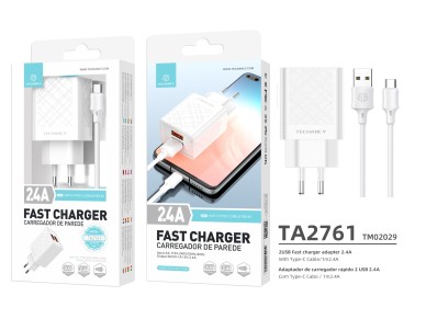 Cargador USB blanco Techancy 2,4 A TA2761, kit de cable USB TIPO C, 1 m 2,4 A, chip inteligente inco