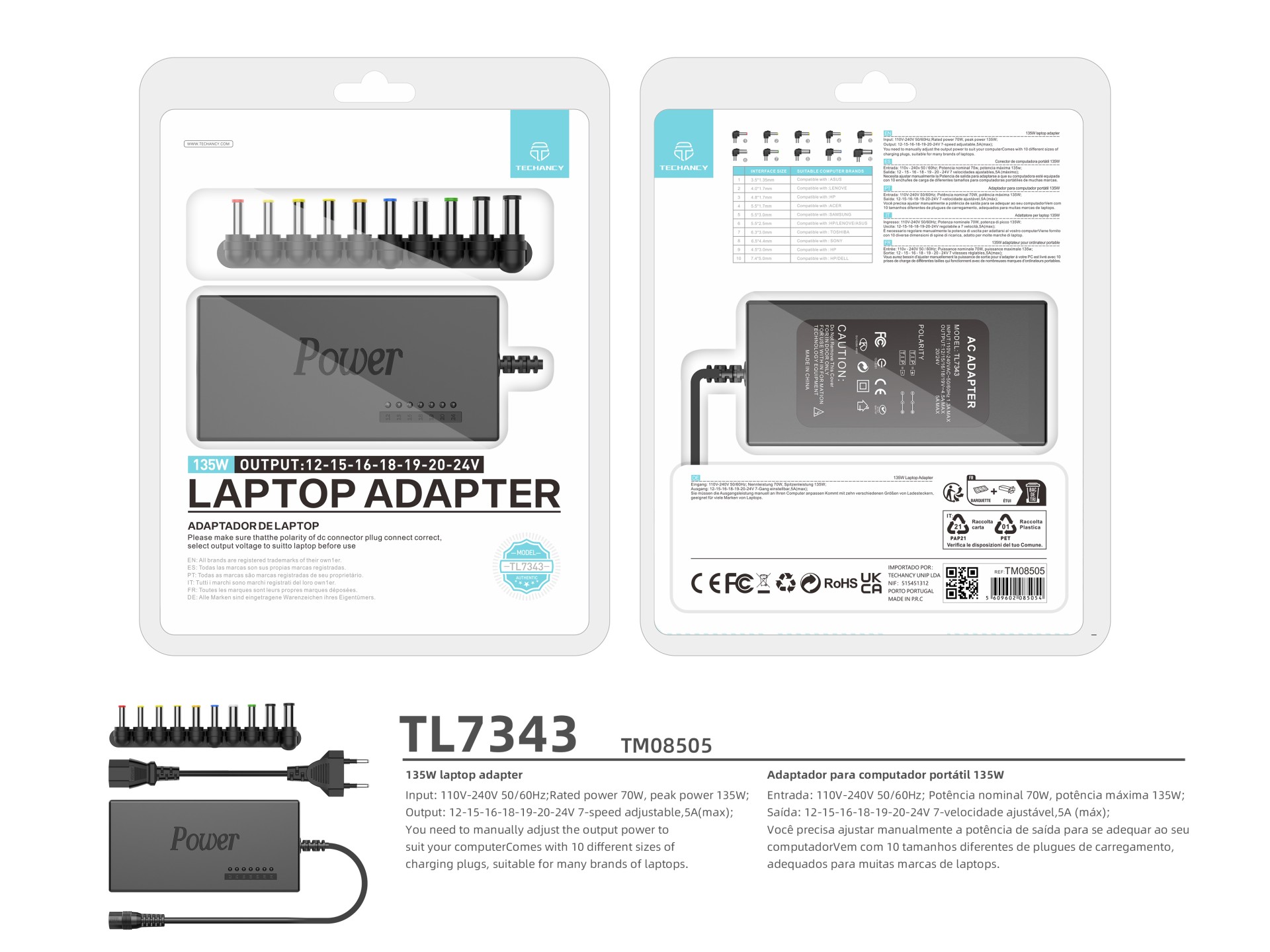 Techancy TL7343 135W Universal Portable Charger, Computer Adapter for Various Brands of Laptops
