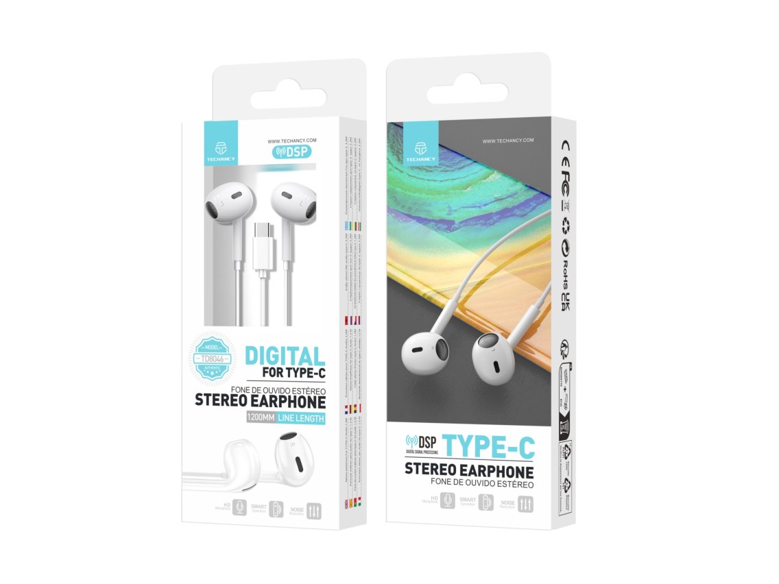 Auriculares estéreo Techancy tipo C blancos TD8046, con micrófono, control de volumen de llamadas, P