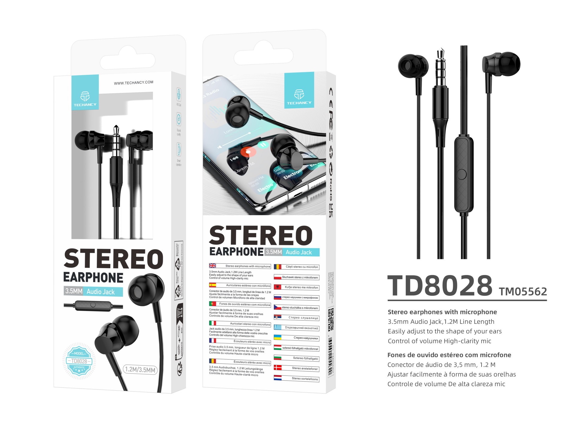 Techancy White In-Ear Headphones 1.2M TD8028, with Microphone Volume Control, 3.5mm Connector