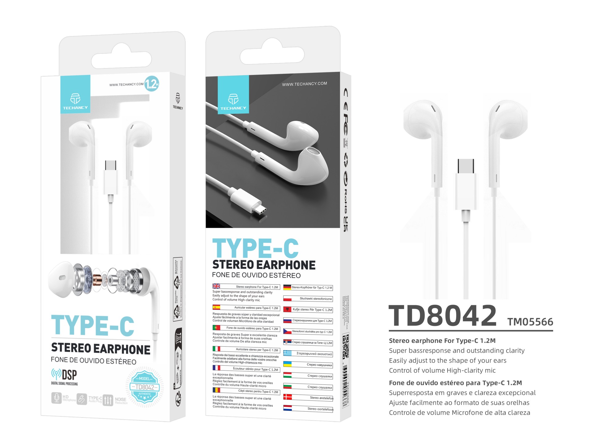 Techancy Auricular Estéreo Com Fios Type-C Branco TD8042, Chip Dsp Com Controlo De Volume Para Uma U