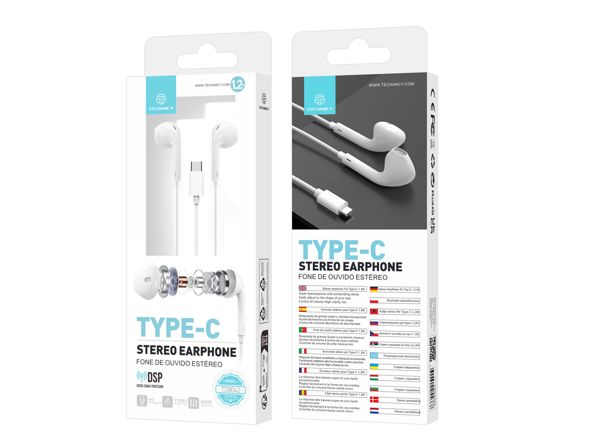 Techancy Auricular Estéreo Com Fios Type-C Branco TD8042, Chip Dsp Com Controlo De Volume Para Uma U