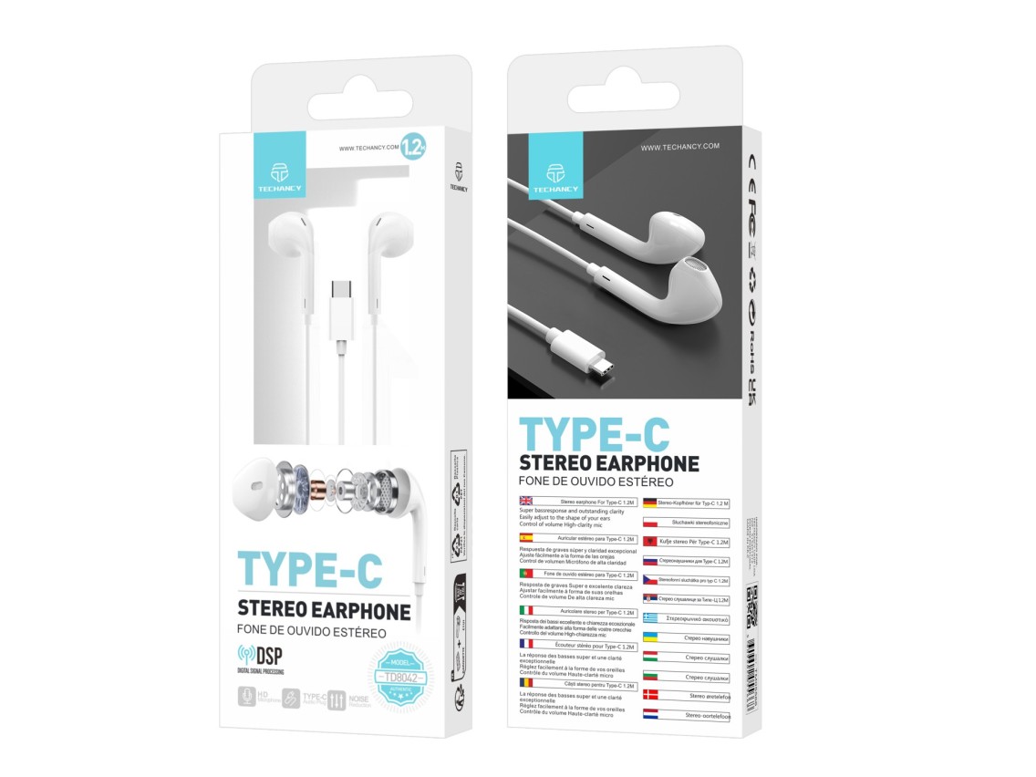 Techancy Auricular Estéreo Com Fios Type-C Branco TD8042, Chip Dsp Com Controlo De Volume Para Uma U