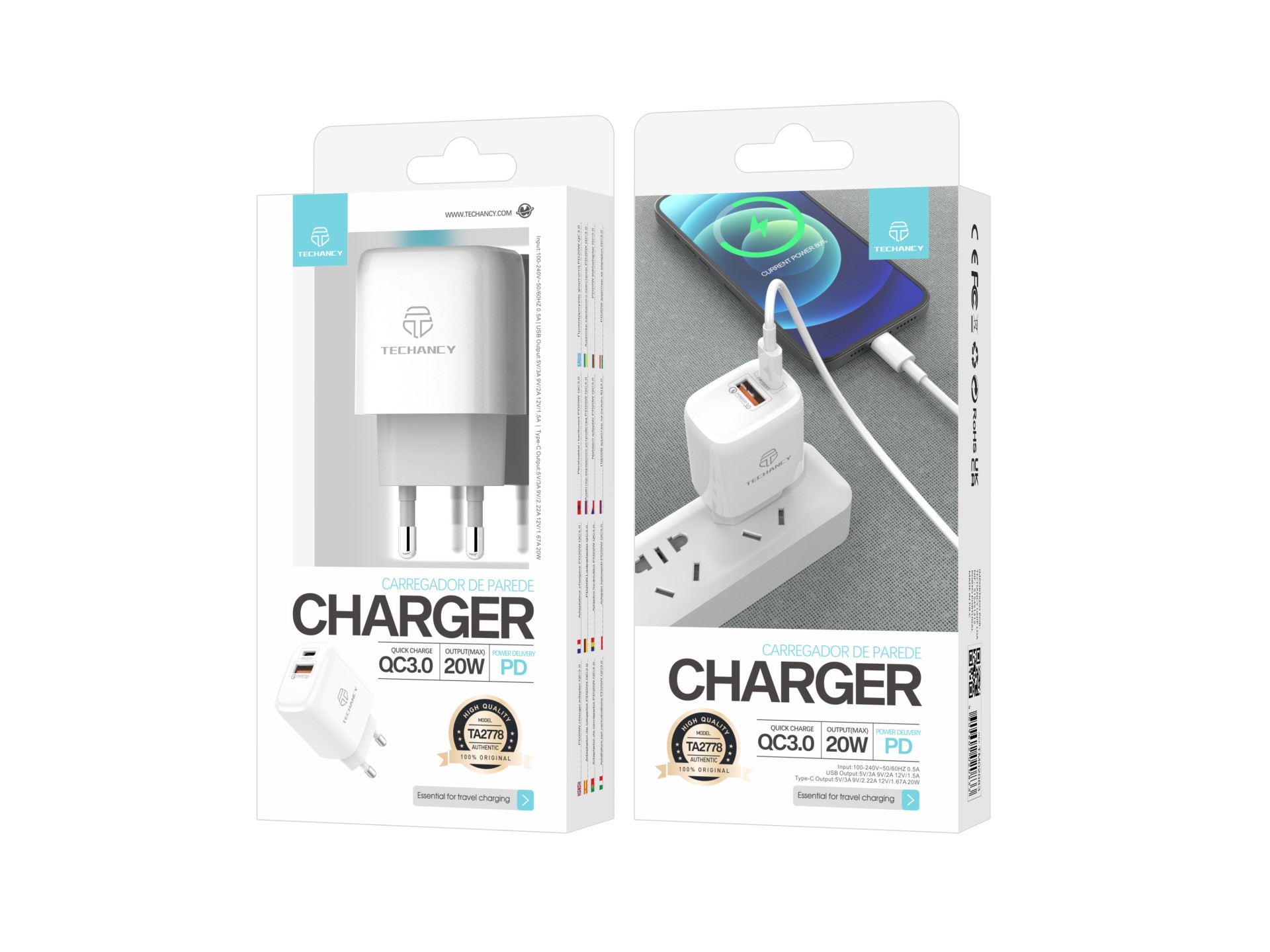 Techancy Carregador Branco De 20 W TA2801, Suporta Pd E Qc3.0, Carregamento Rápido Pd, Compatível C