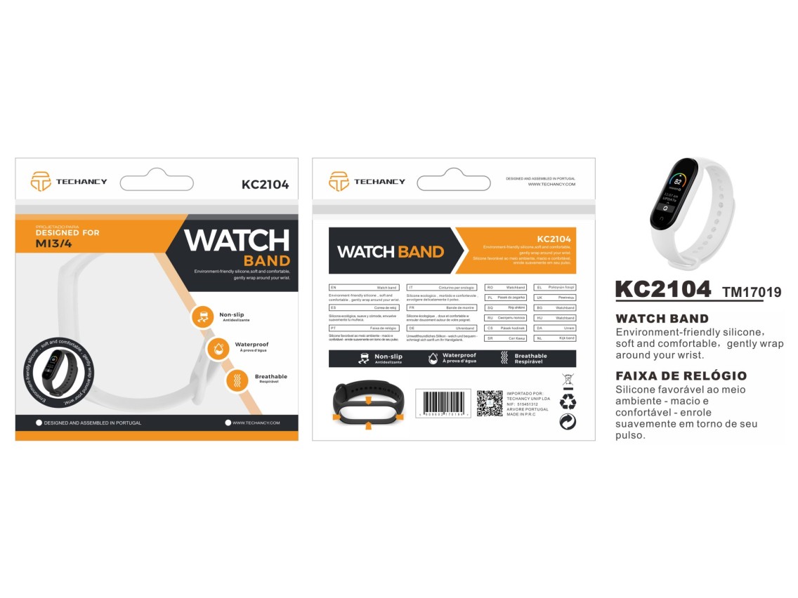 Techancy Pulseira De Silicone Branca KC2104, Compatível Com A Mi3/4 Smart Band, Material De Silicone