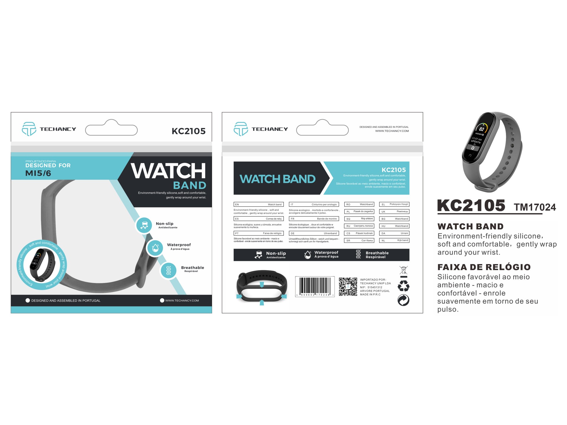 Techancy Gray Silicone Bracelet KC2105, Compatible with Mi5/6 Smart Band, Made of Silicone, Soft and