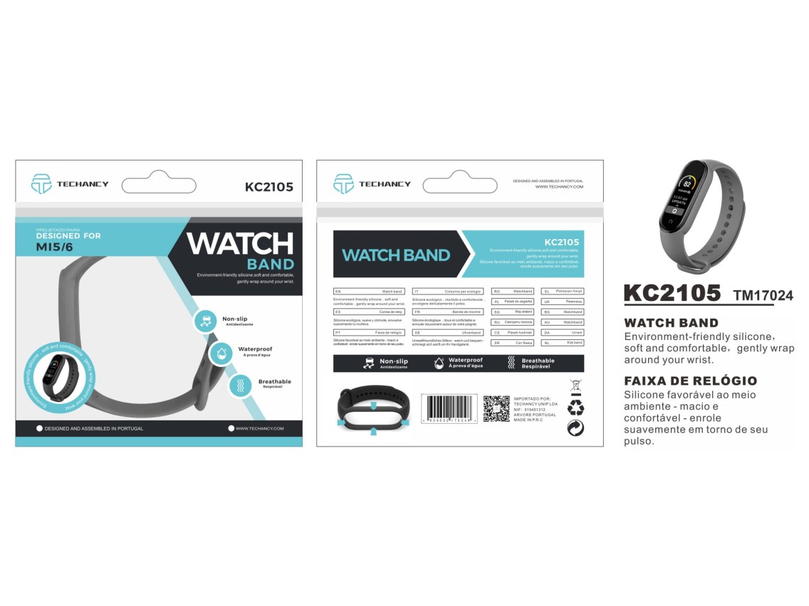 Techancy Bracelete De Silicone Cinzenta KC2105, Compatível Com A Mi5/6 Smart Band, Material De Silic