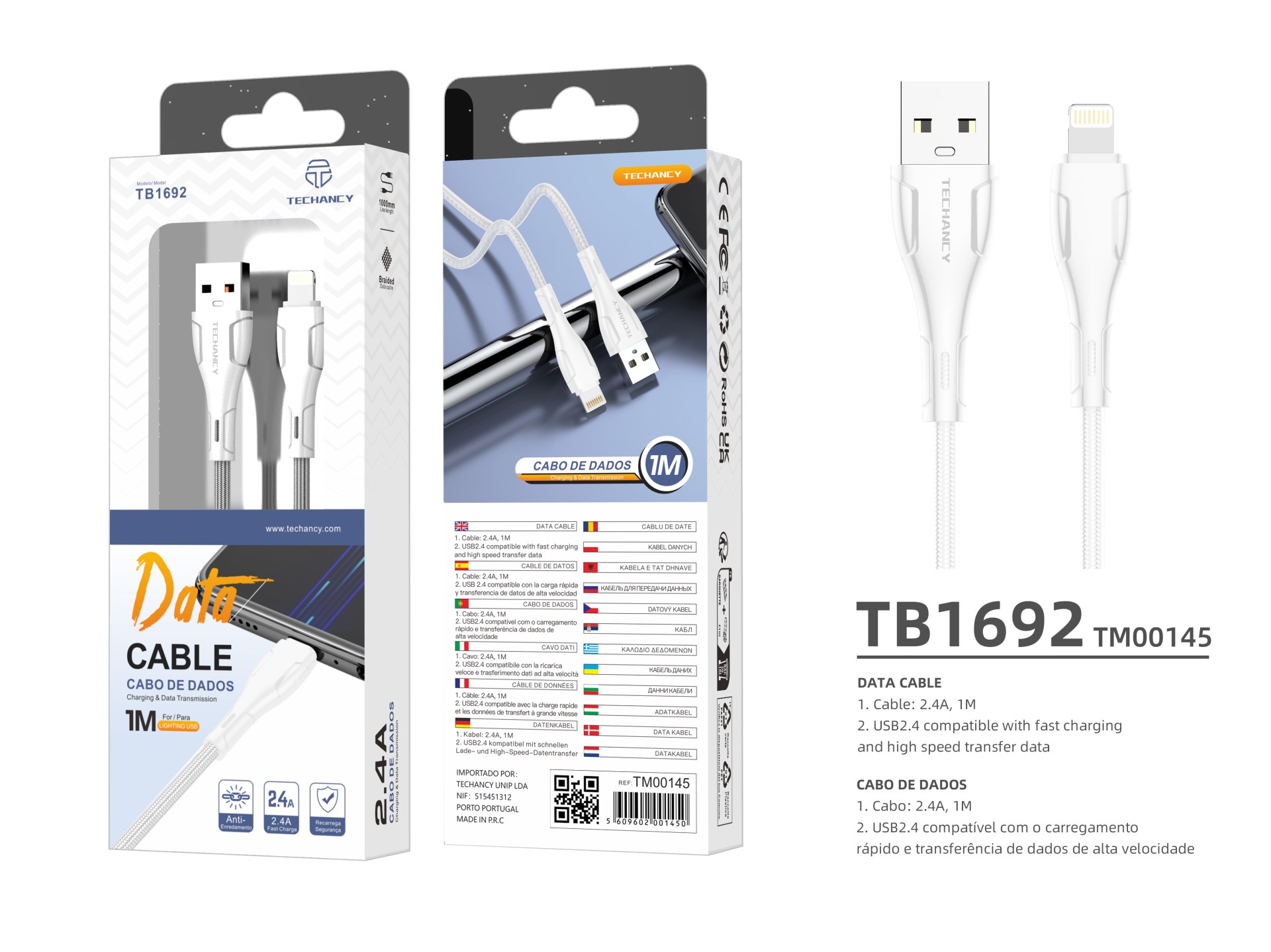 Techancy Braided USB Data Cable - IP8/X/11-14 White TB1694, 2.4A Charging, Data Transfer Compatible