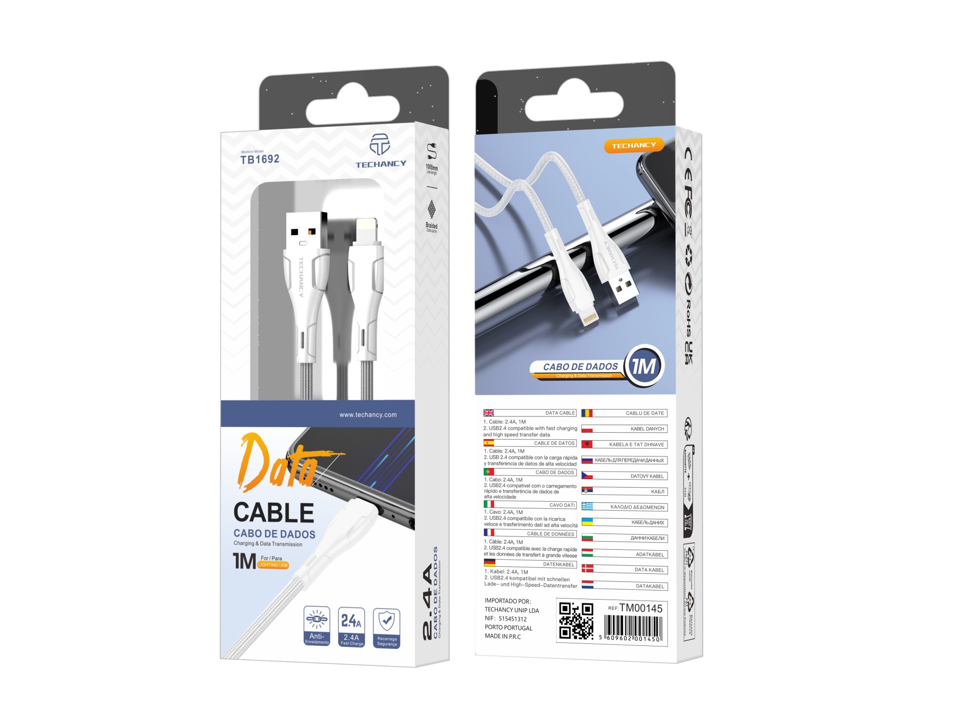 Techancy Braided USB Data Cable - IP8/X/11-14 White TB1694, 2.4A Charging, Data Transfer Compatible