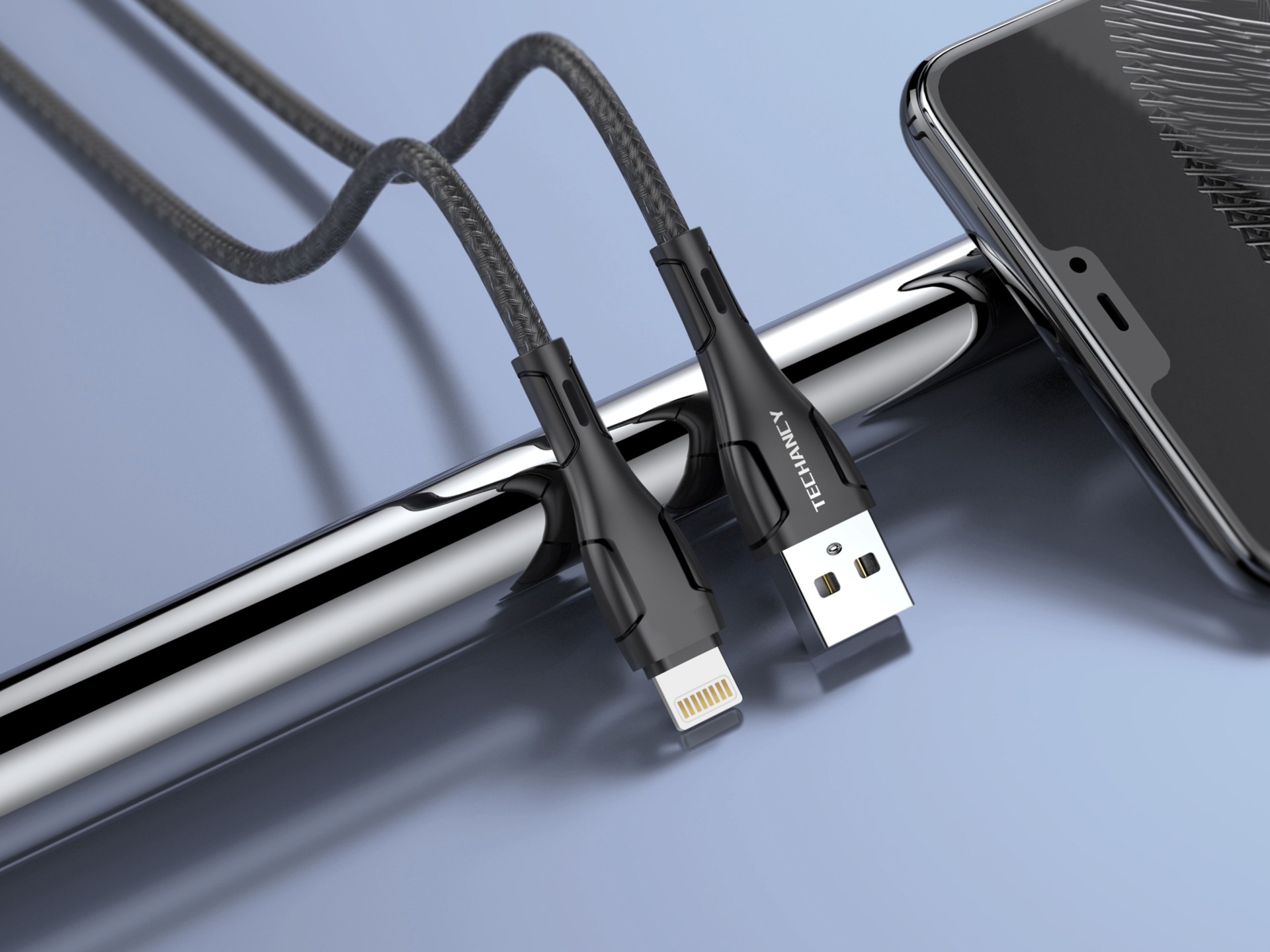 Techancy Braided USB Data Cable - IP8/X/11-14 Black TB1694, 2.4A Charging, Data Transfer Compatible