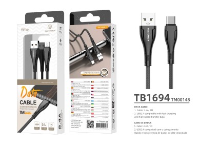 Techancy Cabo De Dados Trançado Usb-Tipo-C Preto TB1694, Carregamento De 2,4 A, Transferência De Dad Techancy Cabo De Dados Trançado Usb-Tipo-C Preto TB1694, Carregamento De 2,4 A, Transferência De Dad