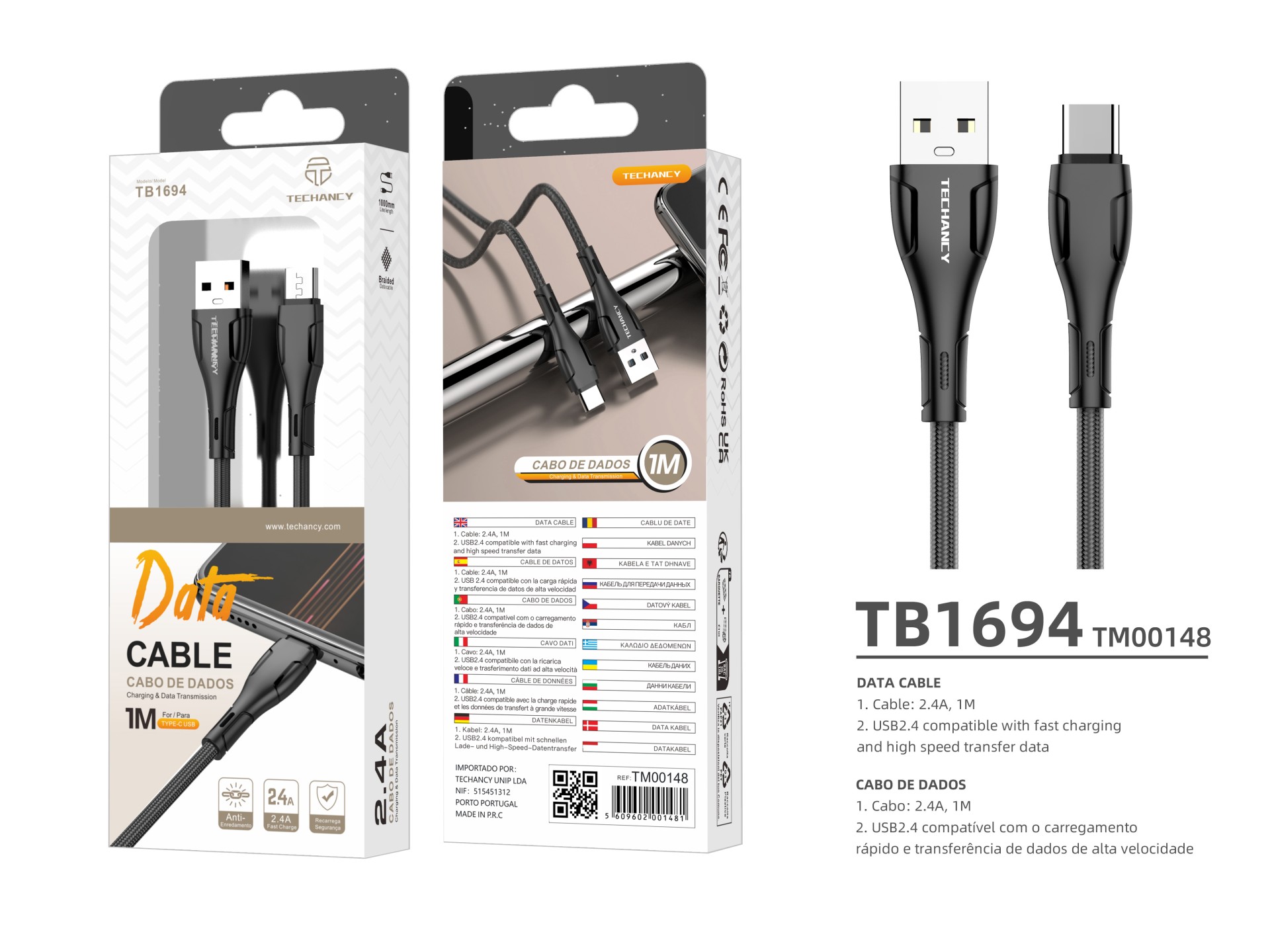 Techancy Cabo De Dados Trançado Usb-Tipo-C Preto TB1694, Carregamento De 2,4 A, Transferência De Dad