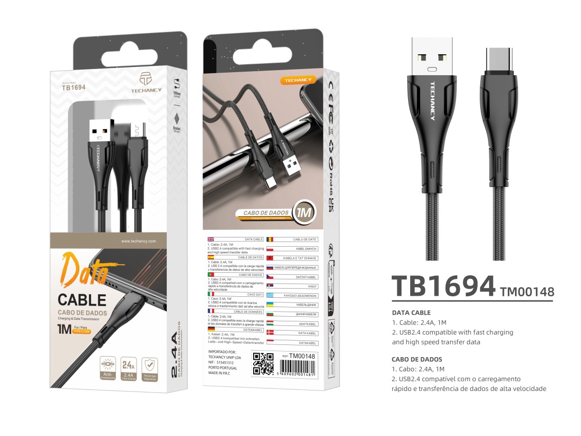 Techancy Cabo De Dados Trançado Usb-Tipo-C Preto TB1694, Carregamento De 2,4 A, Transferência De Dad
