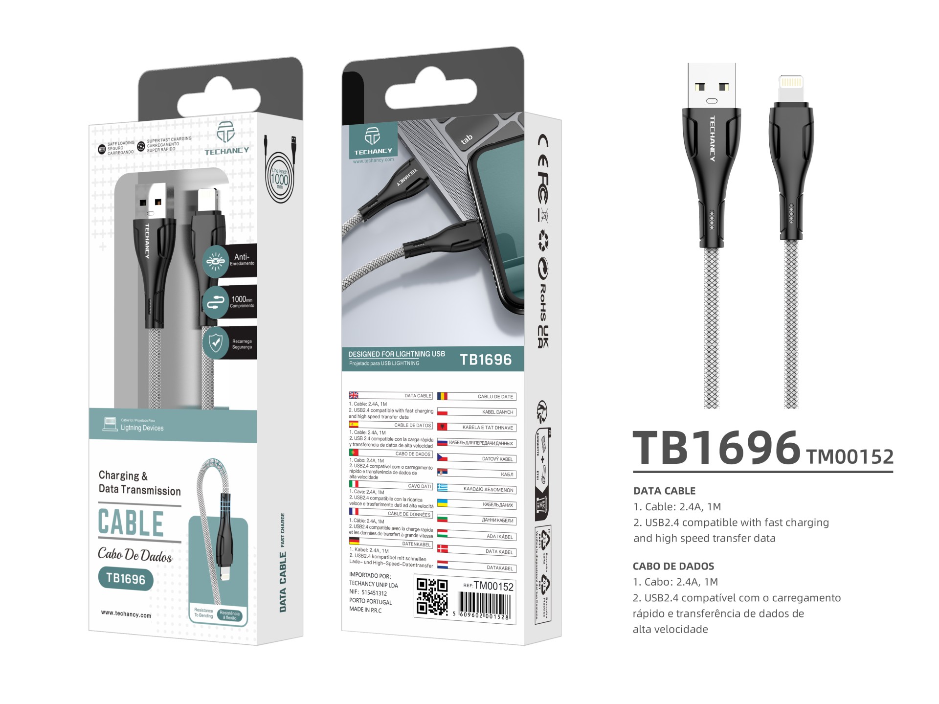 Cable de datos USB Techancy - IP8/X/11-14 Negro TB1696, Carga de 2,4 A, Compatible con transferencia