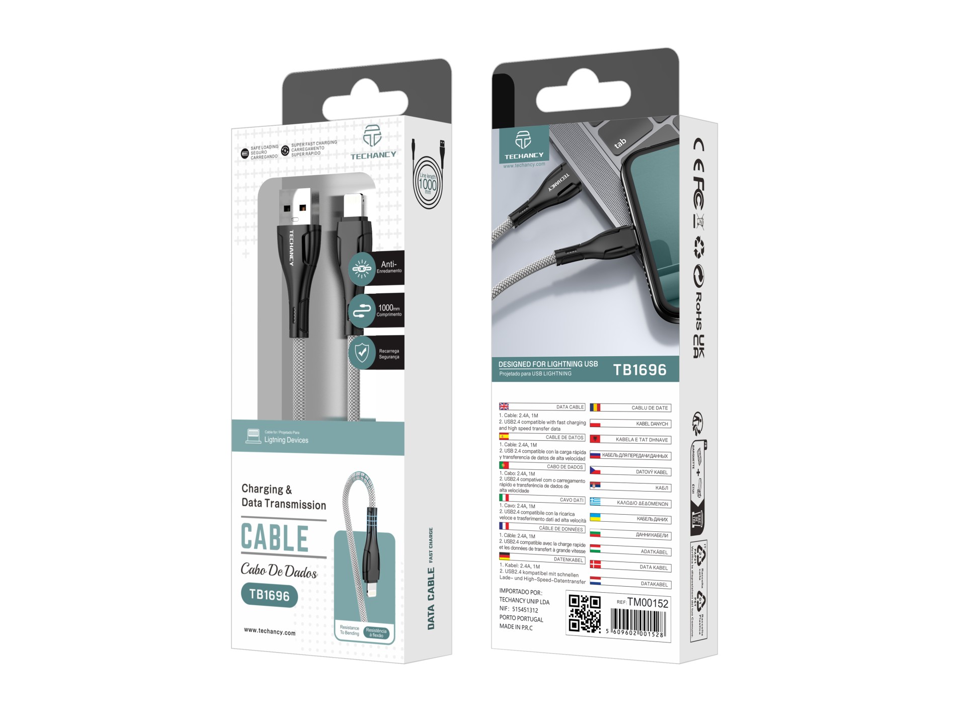 Cable de datos USB Techancy - IP8/X/11-14 Negro TB1696, Carga de 2,4 A, Compatible con transferencia