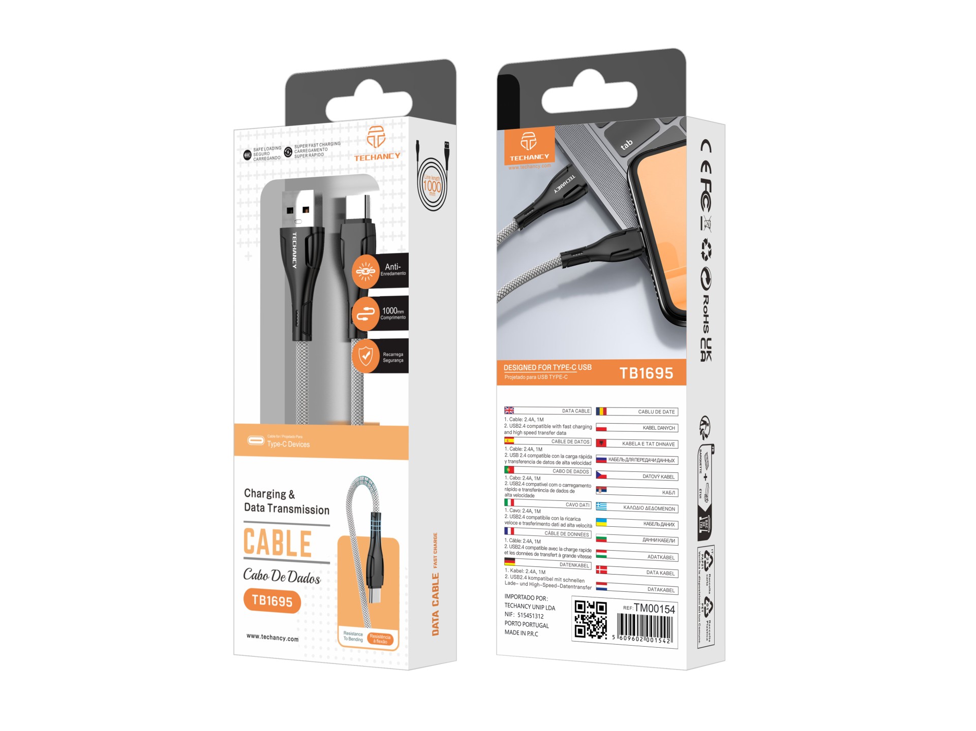 Techancy Cabo De Dados Usb-Tipo-C Preto TB1695, Carregamento De 2,4 A, Transferência De Dados Compat