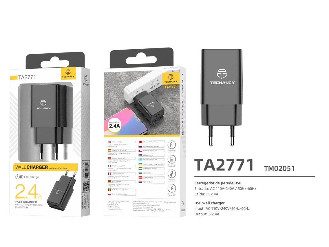 Techancy Carregador De Telemóvel Preto TA2771, Saída Usb 5v-2.4a Carregamento, Compatível Com Samsu