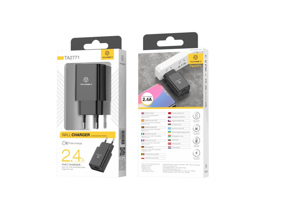 Techancy Carregador De Telemóvel Preto TA2771, Saída Usb 5v-2.4a Carregamento, Compatível Com Samsu