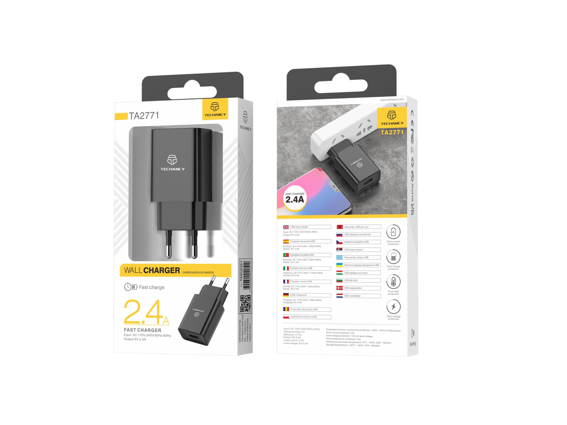 Techancy Carregador De Telemóvel Preto TA2771, Saída Usb 5v-2.4a Carregamento, Compatível Com Samsu