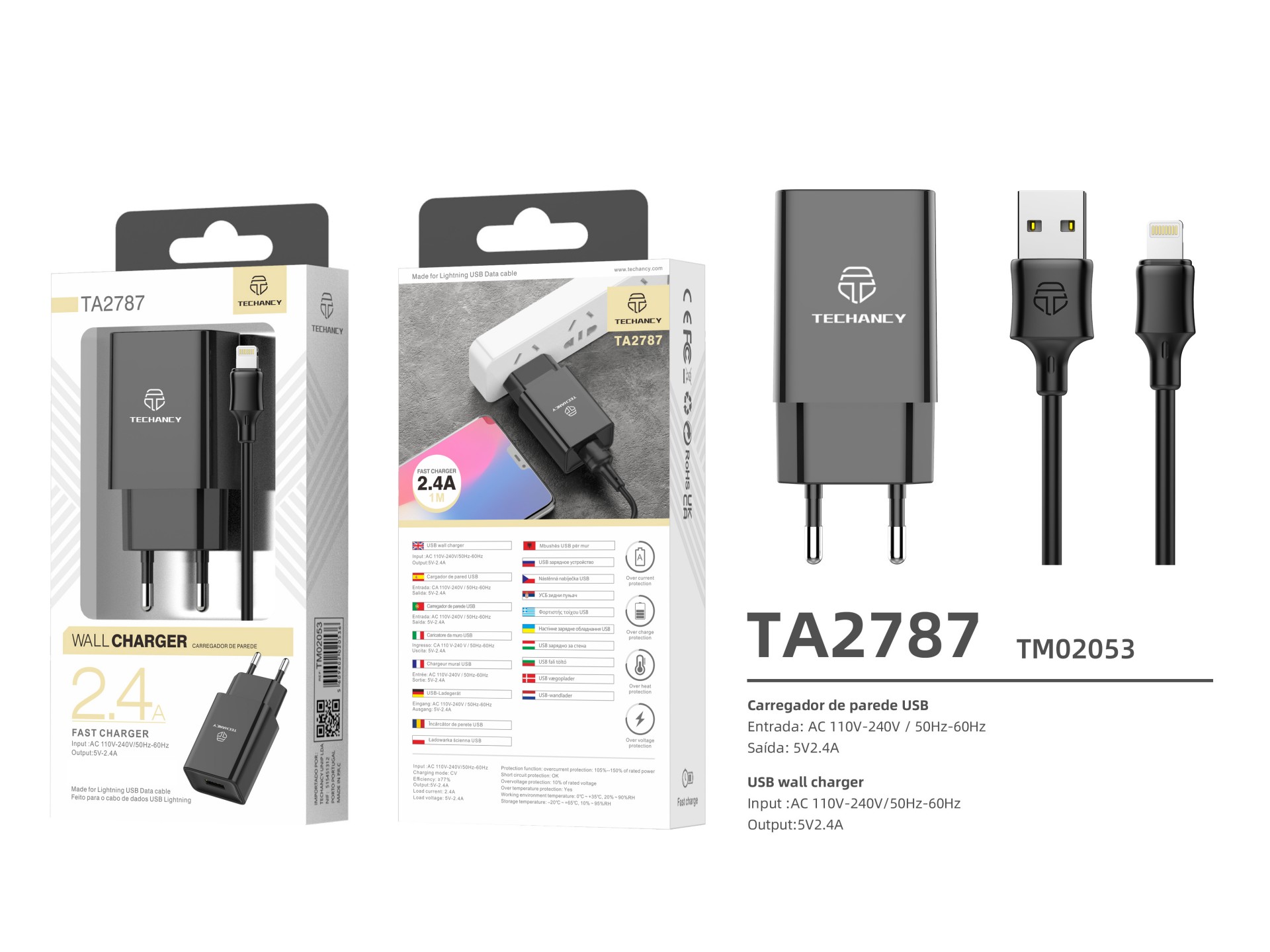 Techancy Black Mobile Phone Charger TA2787, USB Output 5V-2.4A Charging, USB Cable Charger Set - IP