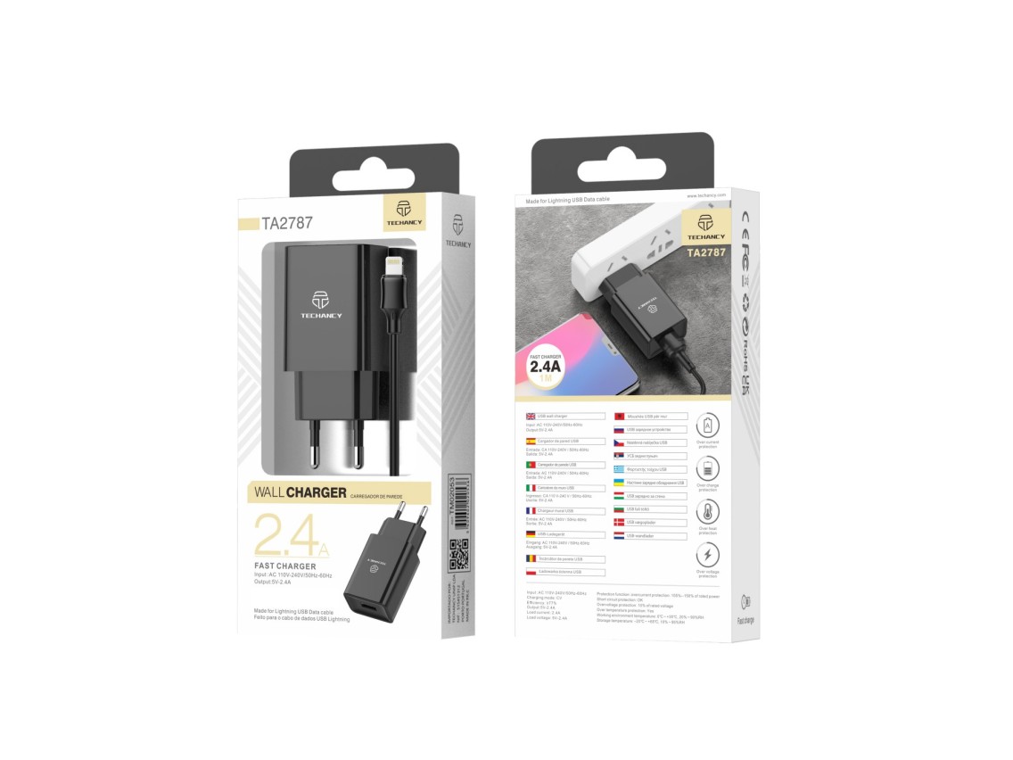 Techancy Black Mobile Phone Charger TA2787, USB Output 5V-2.4A Charging, USB Cable Charger Set - IP