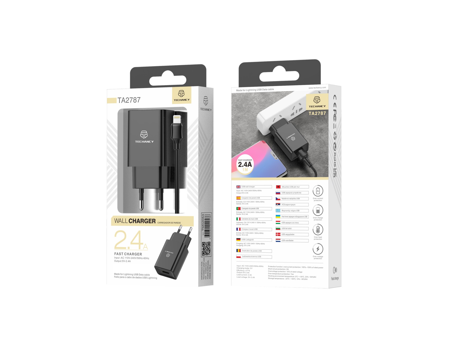 Techancy Black Mobile Phone Charger TA2787, USB Output 5V-2.4A Charging, USB Cable Charger Set - IP