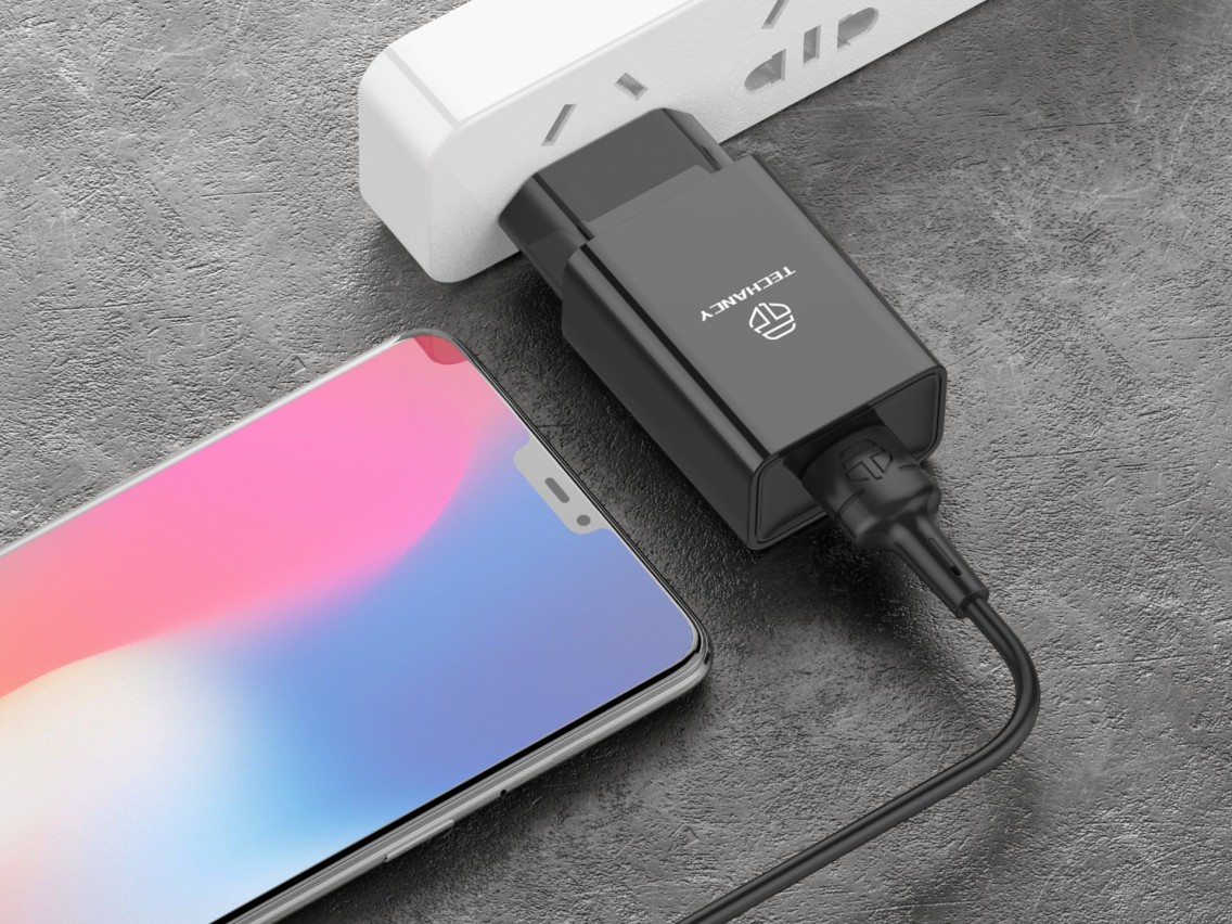 Techancy Black Mobile Phone Charger TA2787, USB Output 5V-2.4A Charging, USB Cable Charger Set - IP