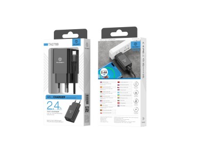 Cargador de m�vil Techancy TA2788, color negro, con salida USB de 5 V y 2,4 A, cable USB tipo C de 1
