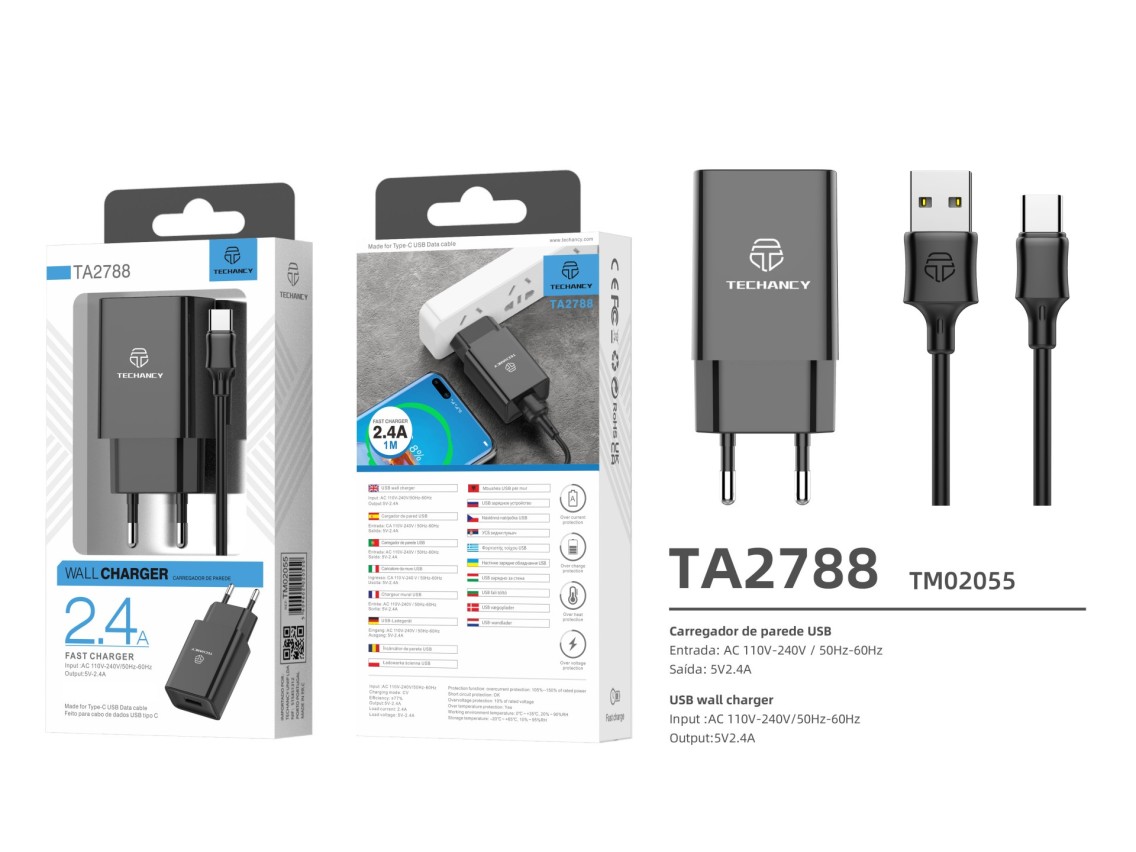 Techancy Carregador De Telemóvel Preto TA2788, Saída Usb 5v-2.4a Carregamento, Conjunto De Carregad