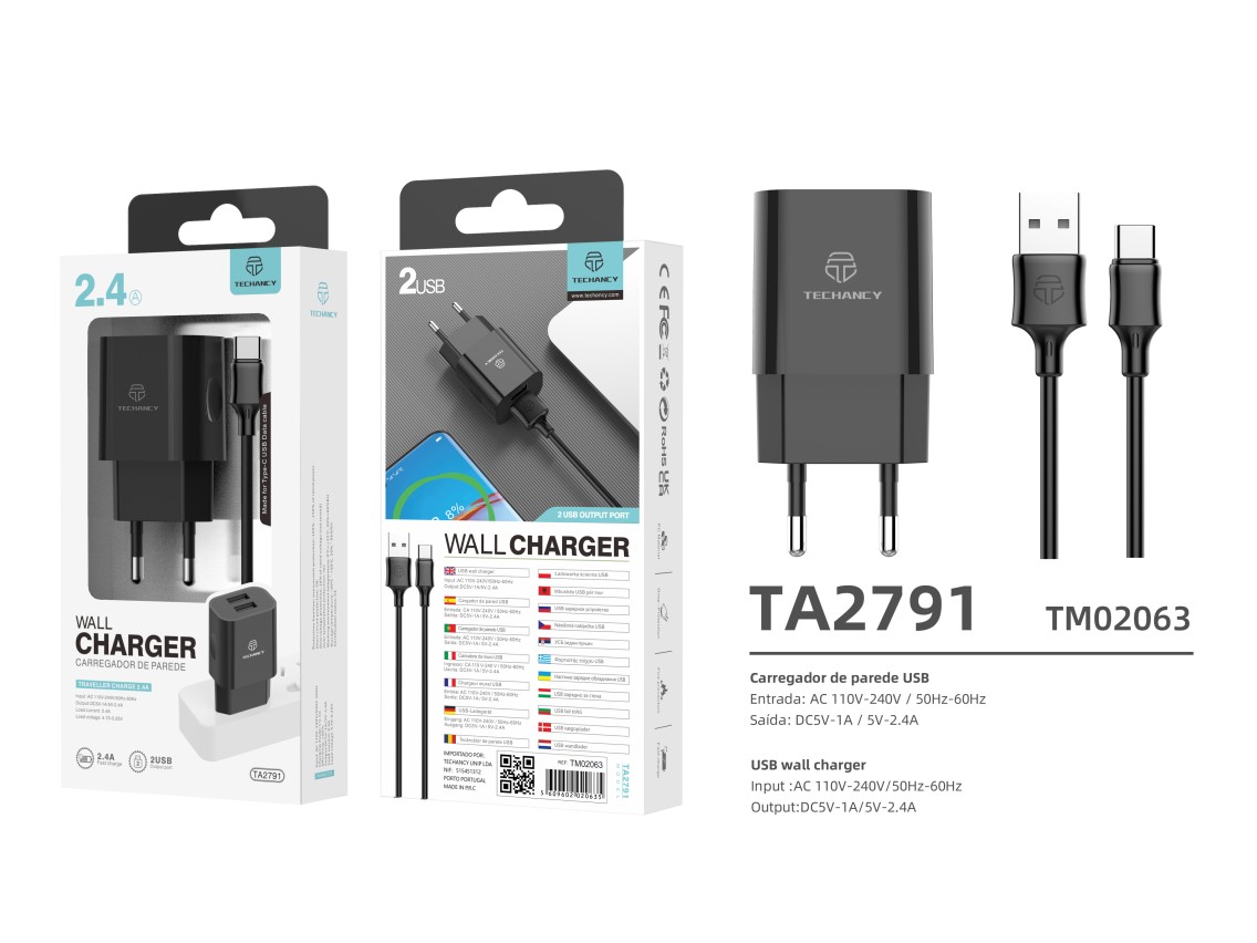 Techancy 2-USB Black Wall Charger TA2791.5V-2.4A Charging, 1m USB-Type-C Cable Set, Supports USB-C M