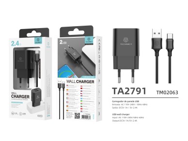 Cargador de pared Techancy TA279 de 2 USB, color negro, 1,5 V, 2,4 A, cable USB tipo C de 1 m, compa