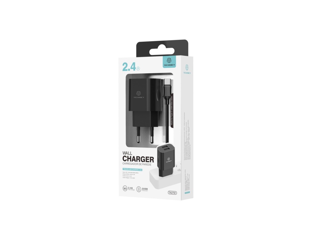 Techancy 2-USB Black Wall Charger TA2791.5V-2.4A Charging, 1m USB-Type-C Cable Set, Supports USB-C M