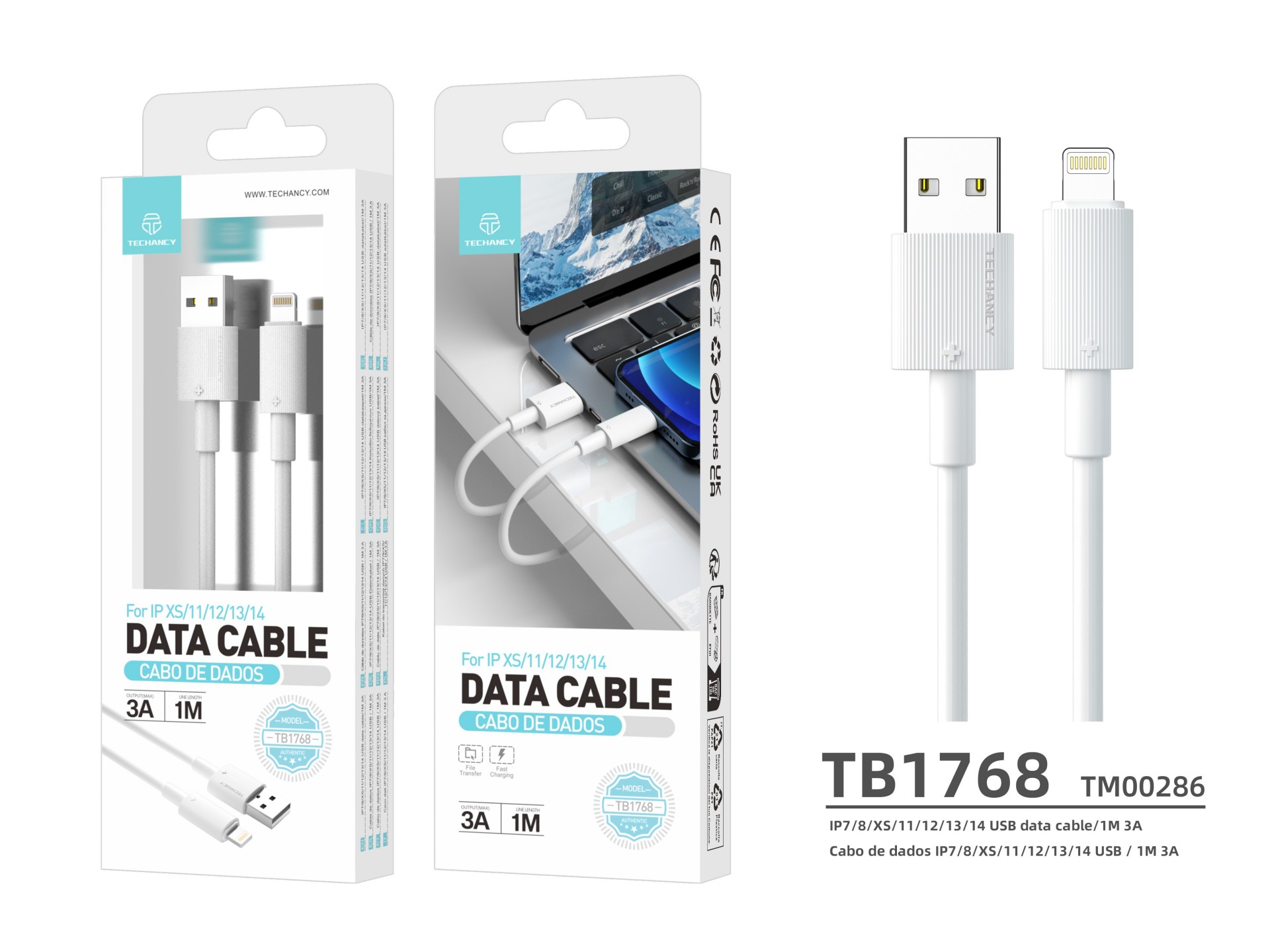 Techancy USB-Lightning Data Cable, White TB1768, 1m Length, Supports 3A Current and 480Mbps Data Tra