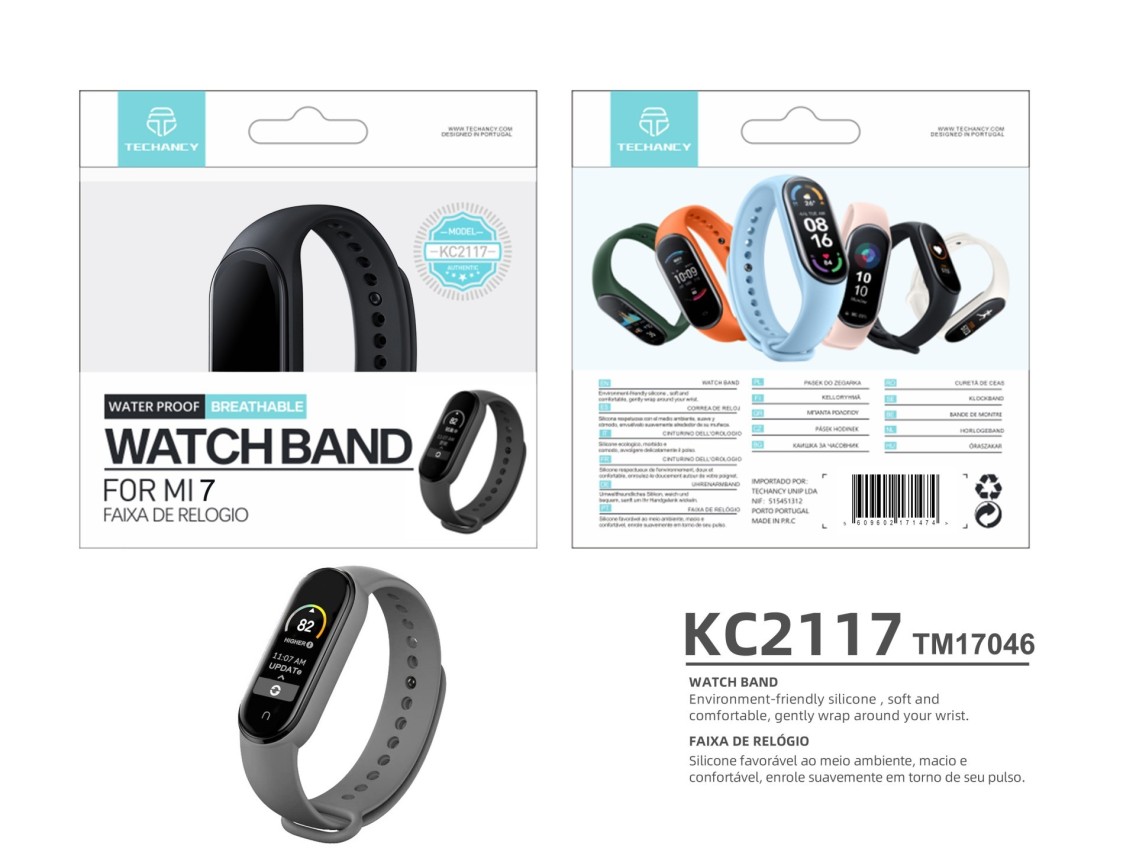Techancy Pulseira De Silicone Cinzenta KC2107, Compatível Com A Mi7 Smart Band, Material De Silicone