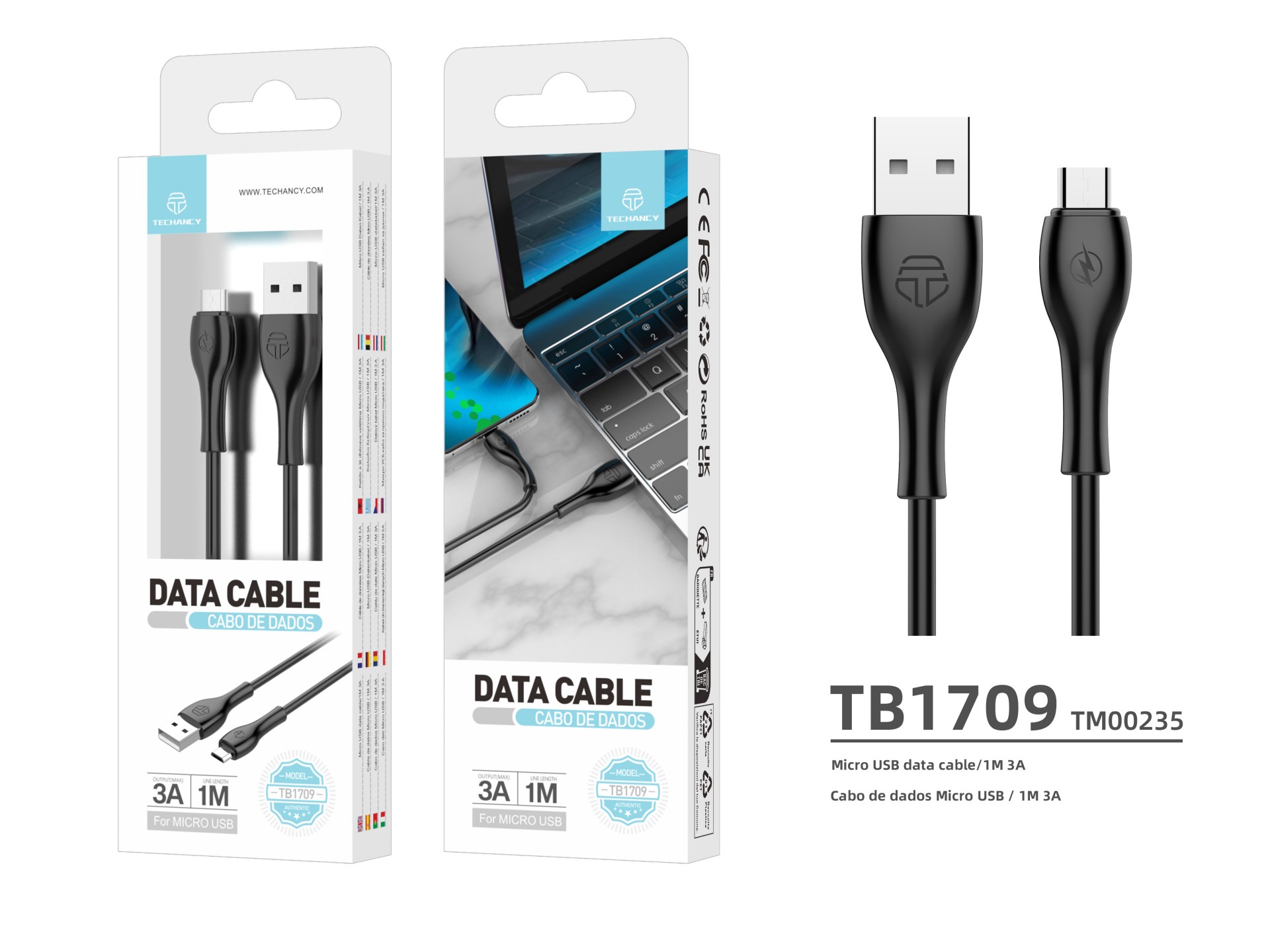 Techancy 3A Fast Data Cable TB1709, USB-Micro Connector, 1 Meter Length for Data Transfer, Black