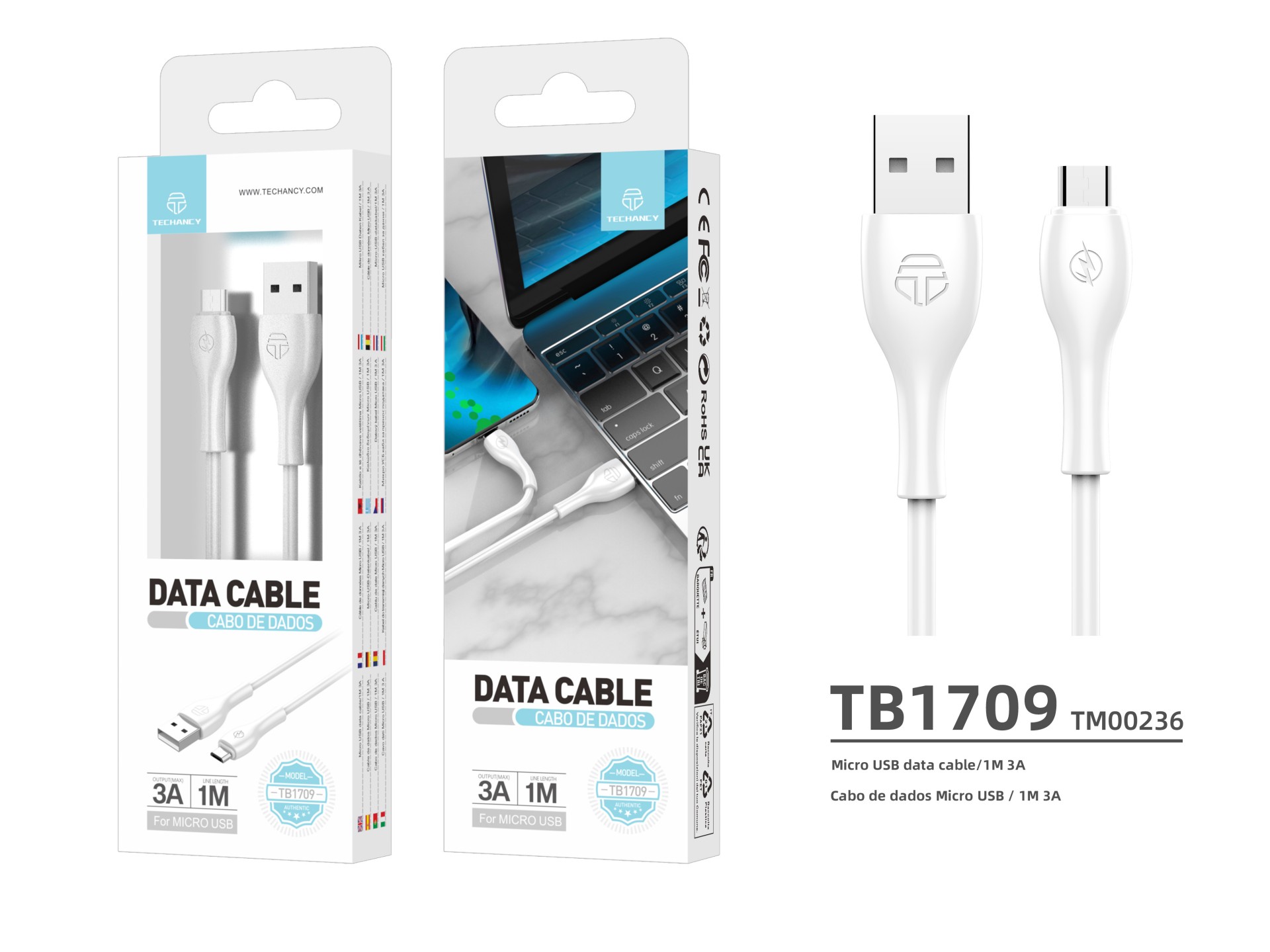 Techancy 3A Fast Data Cable TB1709, USB-Micro Connector, 1 Meter Length for Data Transfer, White