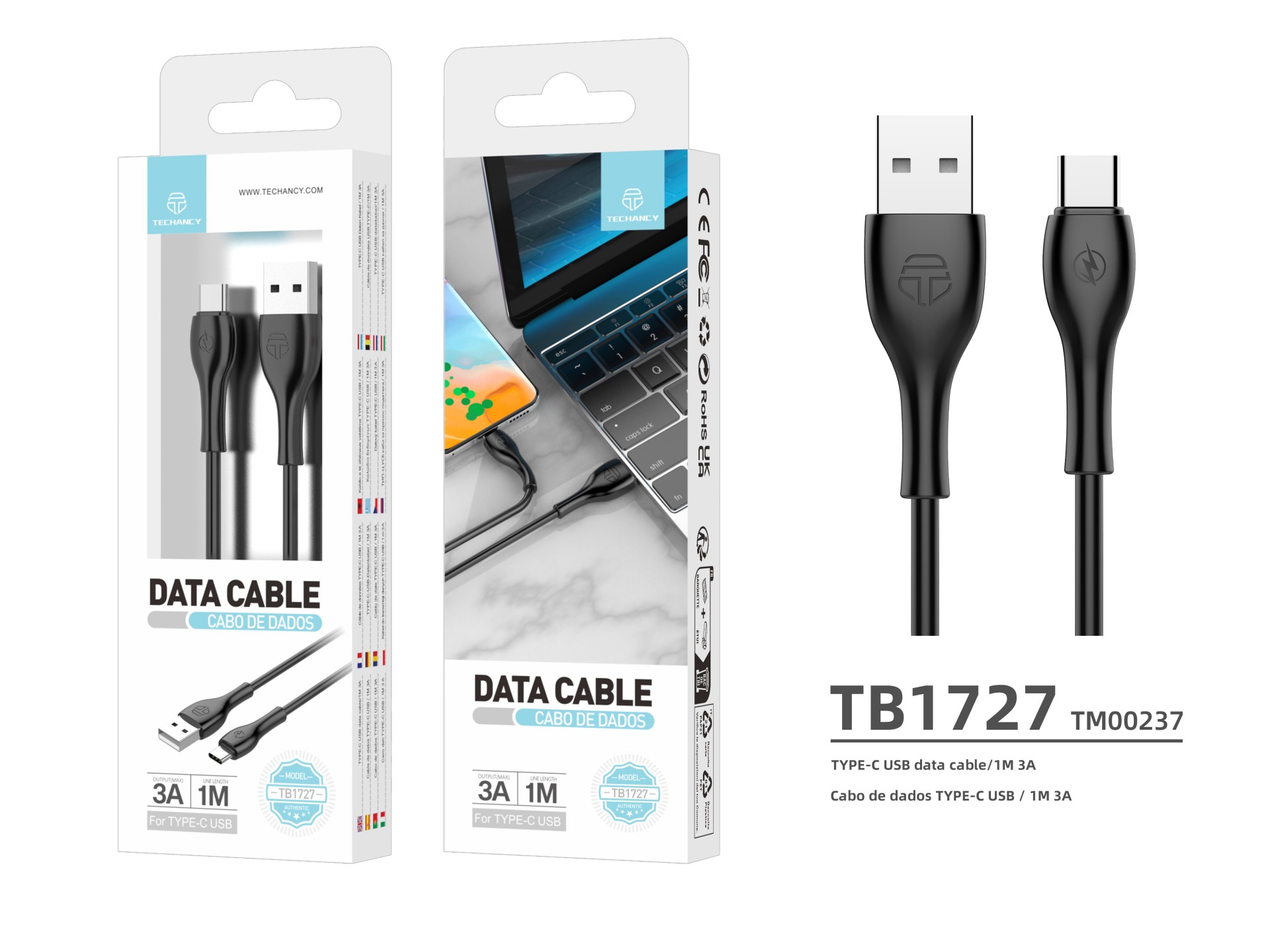 Cable de datos rápido Techancy 3A TB1727, conector USB tipo C, 1 metro de longitud para transferenci