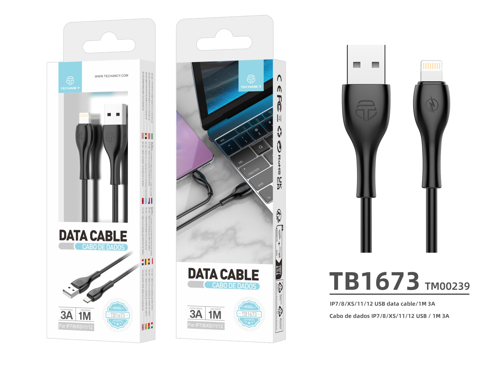 Cable de datos rápido Techancy 3A TB1673, conector USB - IP8/X/11-14, 1 metro de longitud para trans