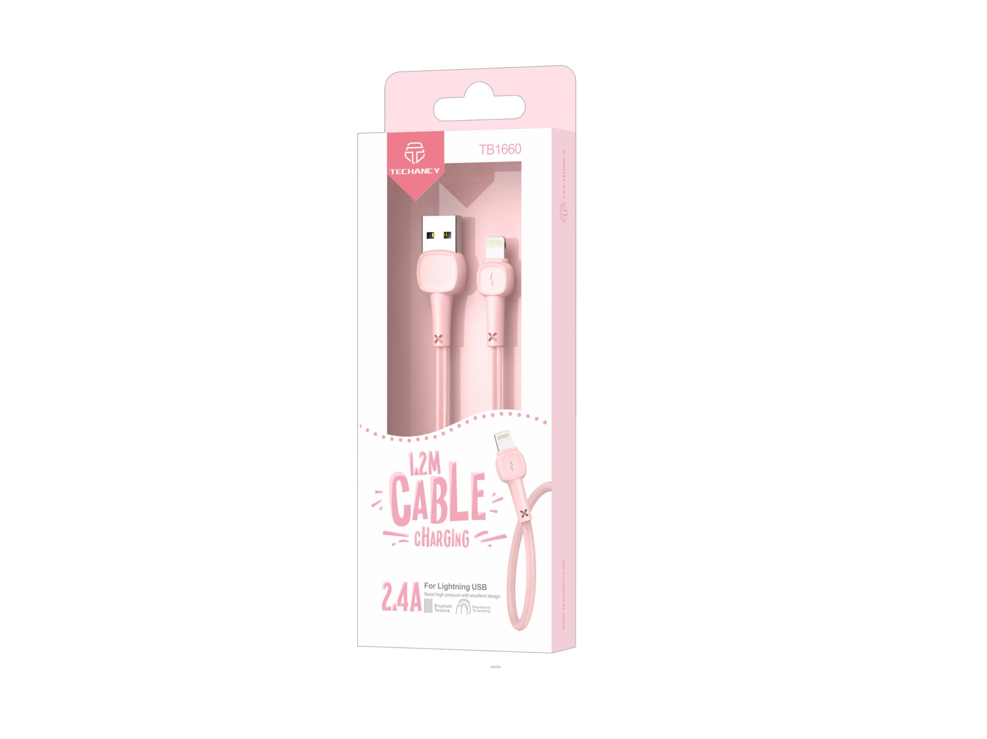 Cable de datos USB-Lightning Techancy rosa TB1660, carga rápida Macaron 2.4a, longitud 1.2m, compati