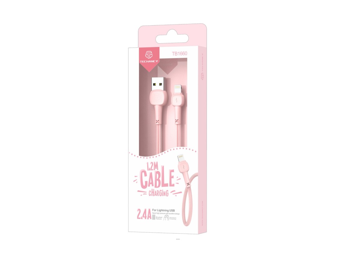 Cable de datos USB-Lightning Techancy rosa TB1660, carga rápida Macaron 2.4a, longitud 1.2m, compati