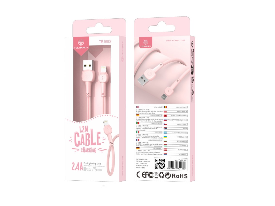 Cable de datos USB-Lightning Techancy rosa TB1660, carga rápida Macaron 2.4a, longitud 1.2m, compati