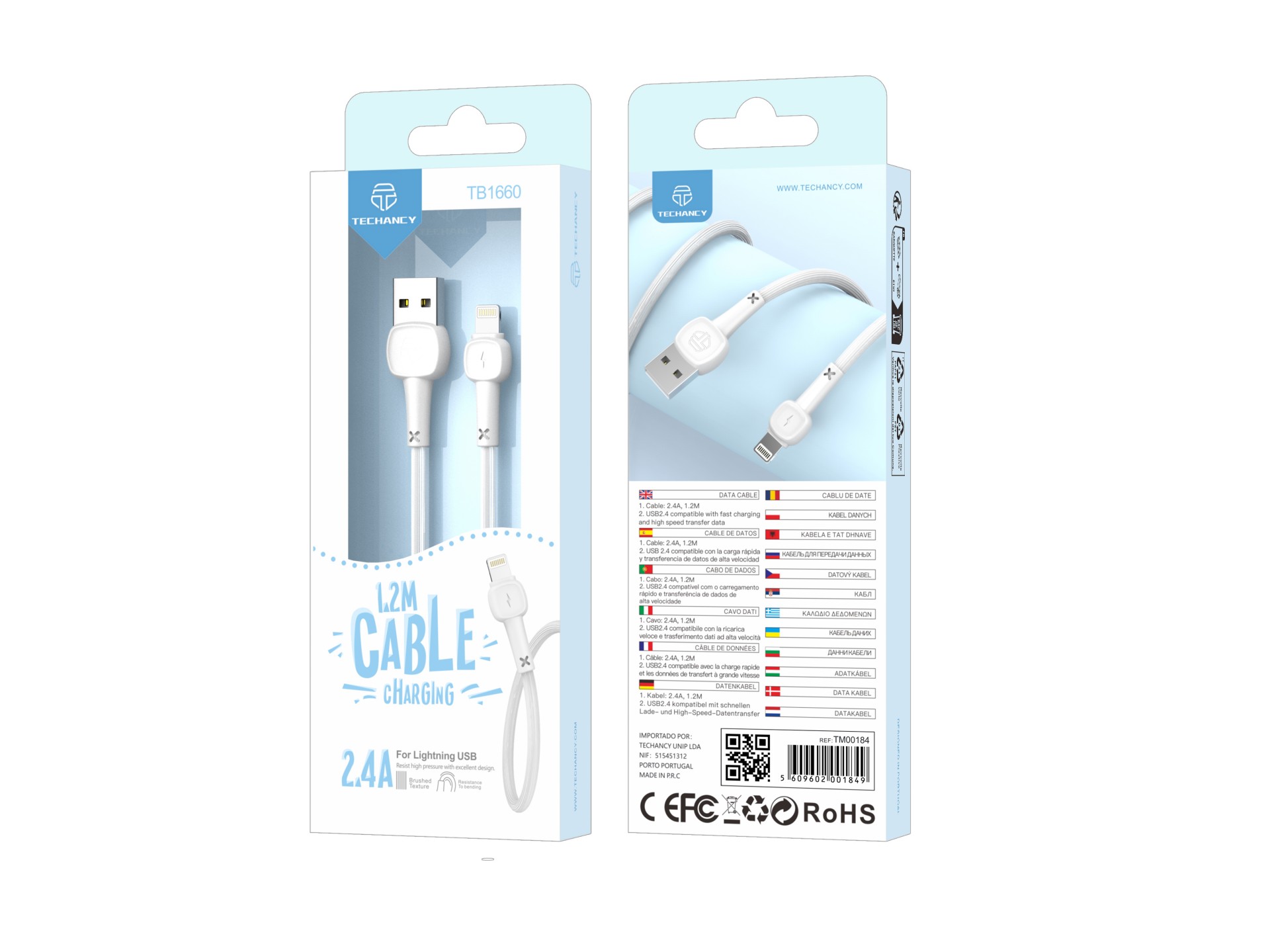 Techancy USB-Lightning Data Cable White TB1660, Macaron 2.4a Fast Charging, 1.2m Length, Compatible