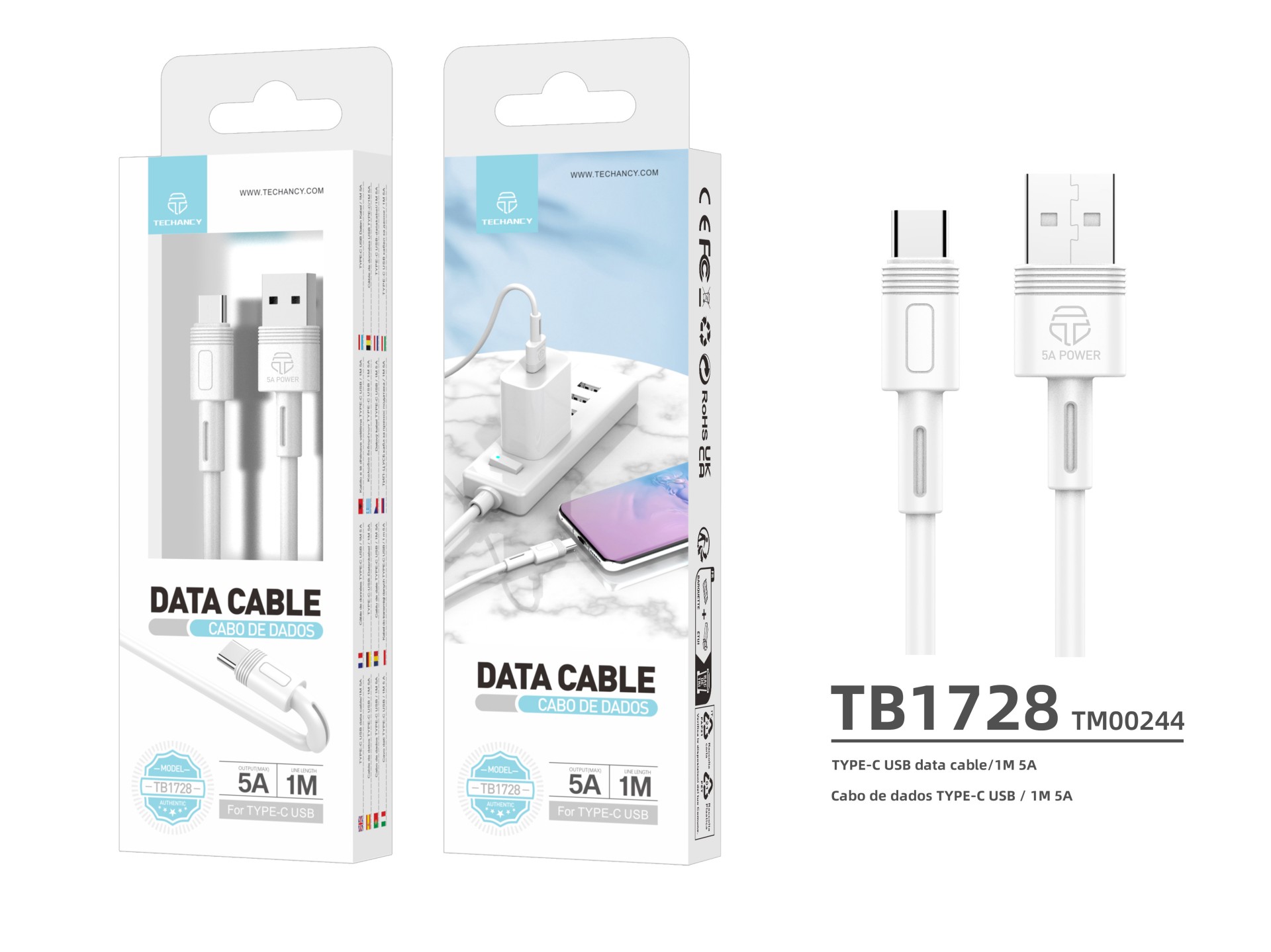 Techancy 5A 1m White Fast Charging Data Cable TB1728, USB Type-C Interface, Supports Data Transfer