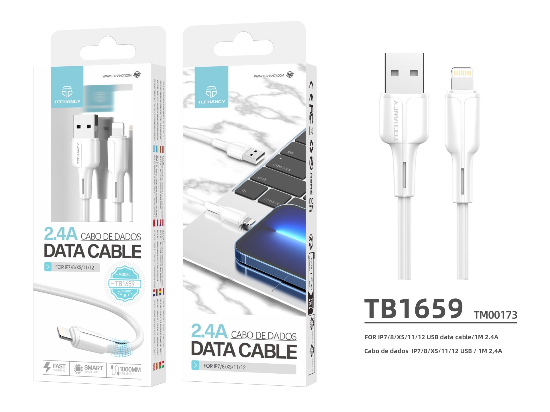 Techancy Cabo De Dados Usb-Lightning Branco 1M TB1659,Carregamento Rápido De 2,4 A, Suporta Transmis