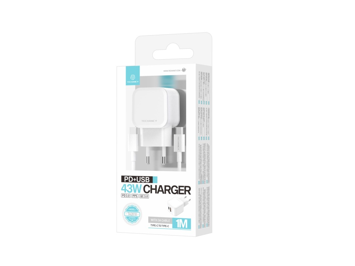 Cargador rápido blanco Techancy TA2813 de 43 W, con dos puertos PD y USB, cable USB-C a USB-C de 1 m