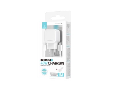 Cargador r�pido blanco Techancy TA2813 de 43 W, con dos puertos PD y USB, cable USB-C a USB-C de 1 m