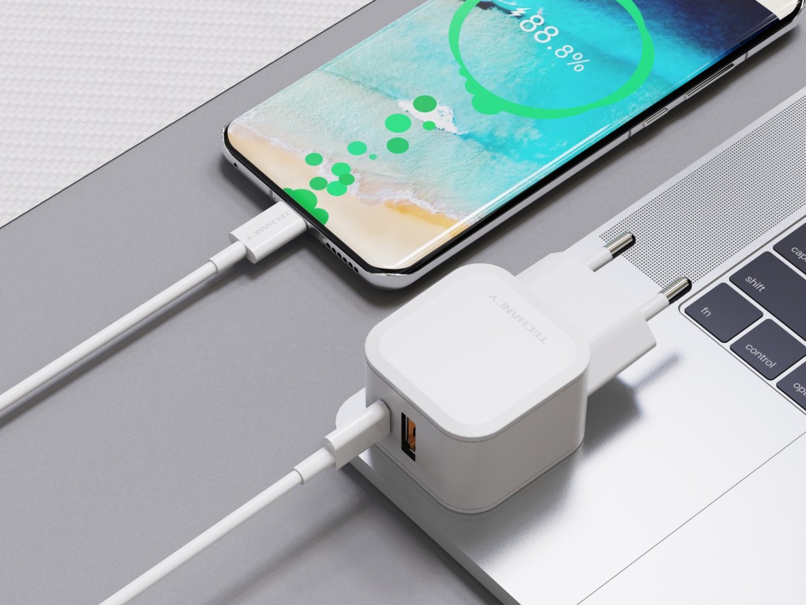 Cargador rápido blanco Techancy TA2813 de 43 W, con dos puertos PD y USB, cable USB-C a USB-C de 1 m