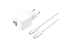 Cargador rápido blanco Techancy TA2813 de 43 W, con dos puertos PD y USB, cable USB-C a USB-C de 1 m Cargador rápido blanco Techancy TA2813 de 43 W, con dos puertos PD y USB, cable USB-C a USB-C de 1 m
