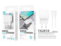 Cargador rápido blanco Techancy TA2813 de 43 W, con dos puertos PD y USB, cable USB-C a USB-C de 1 m Cargador rápido blanco Techancy TA2813 de 43 W, con dos puertos PD y USB, cable USB-C a USB-C de 1 m