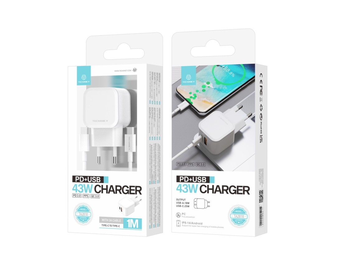Cargador rápido blanco Techancy TA2813 de 43 W, con dos puertos PD y USB, cable USB-C a USB-C de 1 m